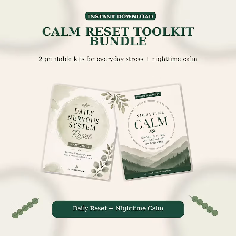 Calm Reset Toolkit Bundle cover showing Daily Nervous System Reset, Nighttime Calm, and Quick Calm for Moms printable kits